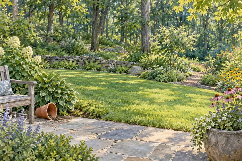 Watercolor garden with a lawn, shaded tree line, stone wall and an overturned flowerpot beside a bench