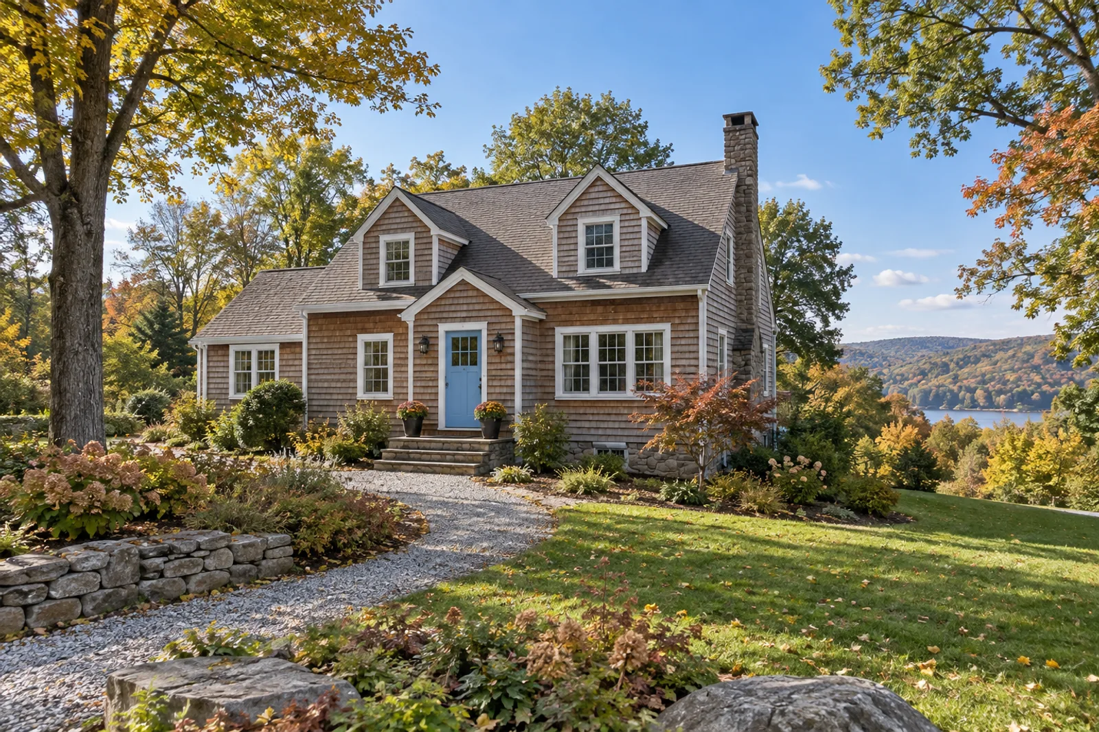 Illustrative cedar home with a garden path and wooded surroundings