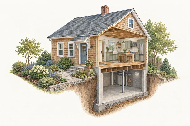 Illustrative house cutaway showing occupied rooms, basement and garden