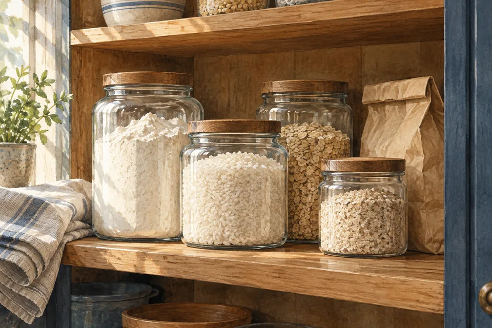 Watercolor pantry shelf with sealed jars of dry food, a plain paper bag and folded linen