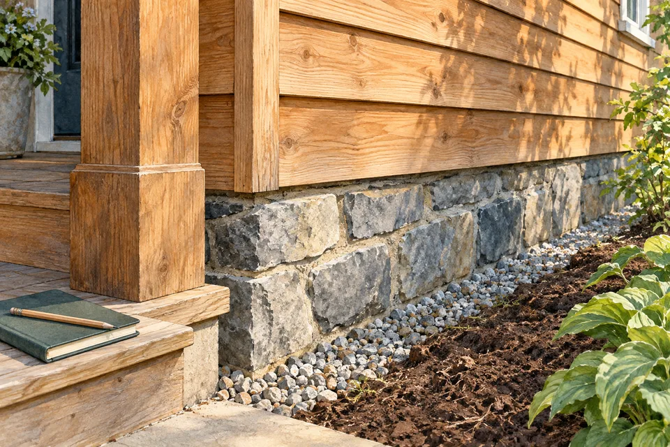 Watercolor detail of cedar siding, a porch post and stone foundation with a notebook on the step